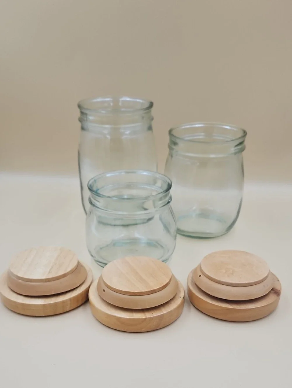 Glass Storage Jars with Wooden Lids - Clear and Natural